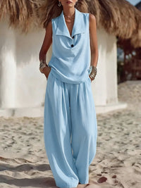Solid-color Women's Flowing Collar Two-piece Set