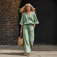 Womens Simple Button-Up Top And Wide-Leg Pants Linen Two-Piece Set