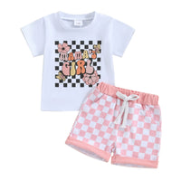 English Letter Short Sleeve Tie-neck Plaid Shorts Children Suit