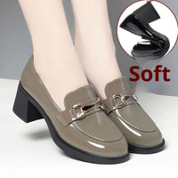 Dark Green Glossy Chunky Heel Metal Buckle Loafers For Women