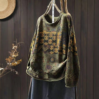 Women's Vintage Printed Cotton Knitted Sweater Round Neck