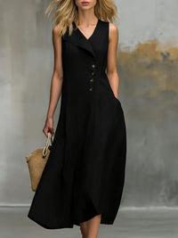 Solid-color Lapel-buttoned Sleeveless Womens Dress With A Fitted Hem