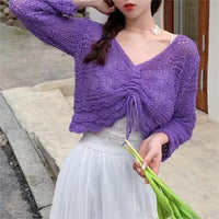 Drawstring V-neck Relaxed-fit Sun-protective Long-sleeve Cover-up