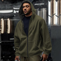 Men's Fleece-lined Loose Drawstring Hooded Zip-up Sweater
