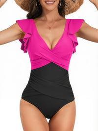 V-neck Lotus Leaf Flying High Waist Backless One Piece Swimsuit