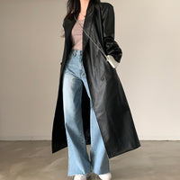 Retro Handsome Suit Collar Double Breasted Loose Casual PU Leather Long Sleeve