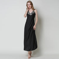 Faux silk lace sexy V-neck long suspender nightdress