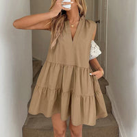 Stand-up Collar Lace Trim Loose Casual Dress For Women