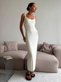 Casual Effortless Holiday Boat-Neck Pleated Slip Dress