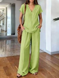 Fashionable V-neck Short-sleeve T-shirt And Wide-leg Pants Womens Suit