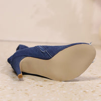 European & American Plus Size Over Knee Peep Toe Boots, Fashion Versatile High Heel Stiletto Distressed Washed Fringe Stretch Denim Women Boots