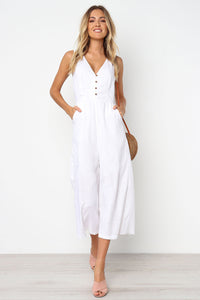Women's Fashion Pocket Zipper V-Neck Button Backless Jumpsuit