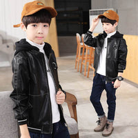 Boys' Casual Hooded Lettered Leather Coat