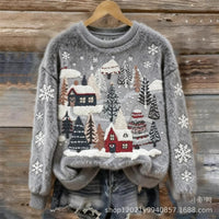 Womens 3D DigitalPrint Flannel Crewneck Sweatshirt For FallWinter