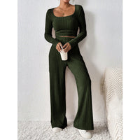 European And American-style Knitted Ribbed Wide-leg Pants Set For Women