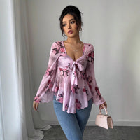 European And American Design Sense French Sweet Flower Blooming Lace-up Square Collar Long Sleeve Shirt