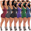 Solid color deep V-neck sleeveless shorts jumpsuit