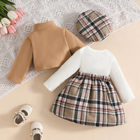 Baby Girl Long Sleeve Stand Collar Wool Coat Plaid Dress Beret Set