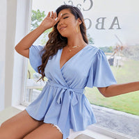Solid Color Slim-fit Lace Up Short Batwing Sleeve V-neck Top