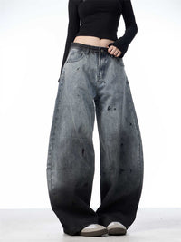 Splash-ink Washed Jeans Loose Casual Straight Trousers