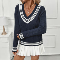 V-neck Cable-knit Sweater European And American Women's Clothing College Style Contrast Color Pullover