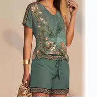 Fashion Printed Comfortable V-neck Top And Shorts Two-piece Set