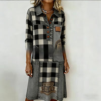 Womens Crew-Neck Pocketed Fashionable Elegant Contrast-Piece Joint Dress