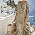 Women'S Casual Color-Block Cotton And Linen Dress