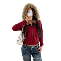 Womens French-Elegant Coat With Zipper And Faux Fur Collar