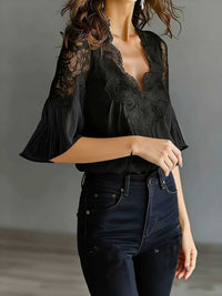 Women's Lace-Patchwork Puff-Sleeve Pleated Short-Sleeve Shirt