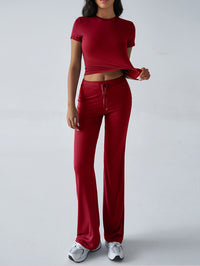 SpringSummer Elegant Solid Color Crew Neck Short Sleeve Top And Pants Set