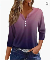 Women's T-shirt V-neck Half-open Tube Three-button Printed 34 Sleeves Top