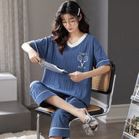 Women's Casual Cotton Short Sleeve Cropped Pants Loungewear Set