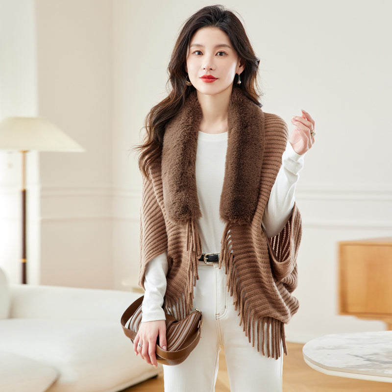 Women's Loose Tassel Fashion Shawl Jacket With Fur Collar