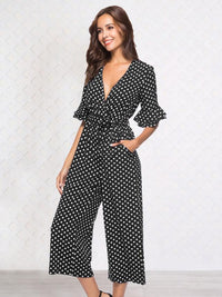 Half sleeve V-neck polka dot print jumpsuit