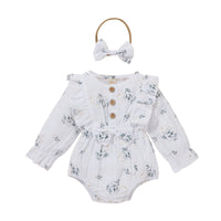 Girl's Long Sleeve Sweet Cute Three-color Cotton Jacquard Flounced Sleeve Triangle Rompers