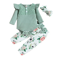 Sunken Stripe Long-sleeved Triangle Romper Flower Print Trousers Baby Girl Children's Suit