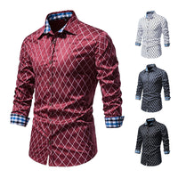 New Fashion Contrast Color Men's Long-sleeved Diamond Check Button Shirt