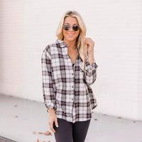 New Polo Collar Pocket Long Sleeve Plaid Shirt Thin Coat For Women
