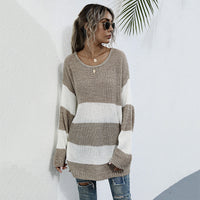 Striped Color Matching Knitted Inner Match Female Mid-length Sweater