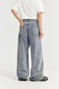 Washed Distressed Men's Clothing Vintage Raw Hem Wide Legs Jeans