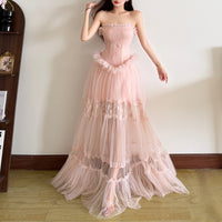 Womens Lace Jacquard Patchwork Long Halter Dress