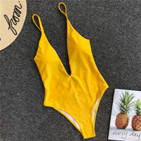 Solid color sexy one-piece swimsuit deep V-neck back pleated bikini