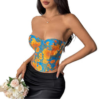 Retro Jacquard Oil Painting Colorful Fishbone Vest Lace-up Bustier
