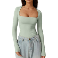 Women's Square Neck Autumn Top Long Sleeve Slim Fit Pullover Milk Silk T-shirt Elegant