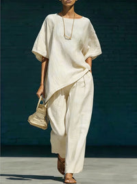 Short-sleeve Top With An Asymmetrical Hem And Wide-leg Pants Set