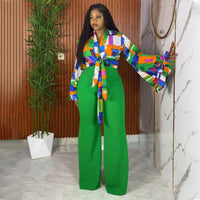 Plus-size Printed Flared-sleeve Top And Wide-leg Pants Two-piece Set