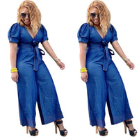 Wide-leg denim jumpsuit with belt
