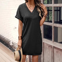 Summer New Style Casual V-Neck Pocket Short-Sleeve Womens Dress