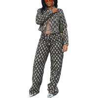 Casual Jacquard Plaid Washed Denim Suit